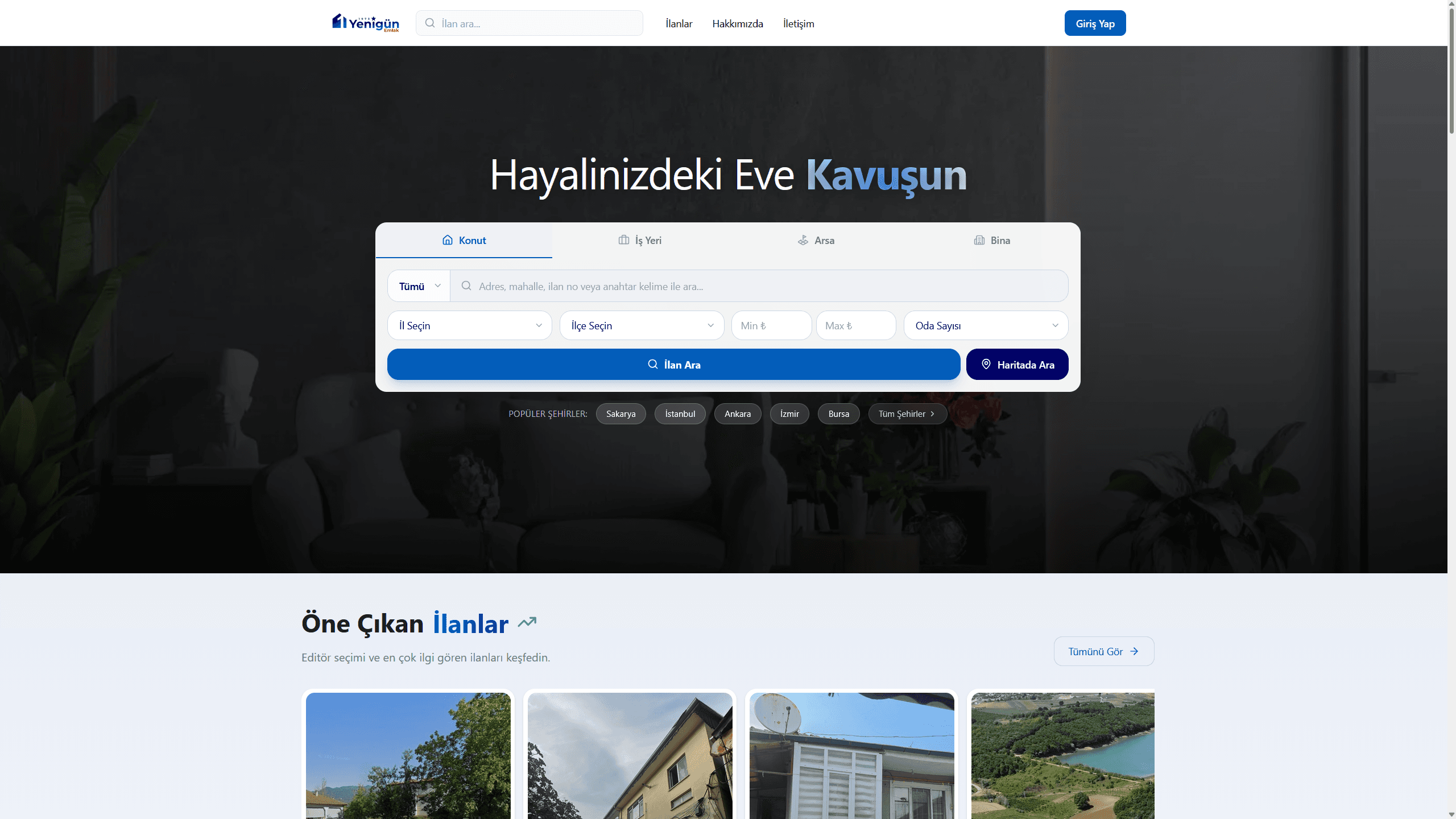 YenigunEmlak property listings with map search