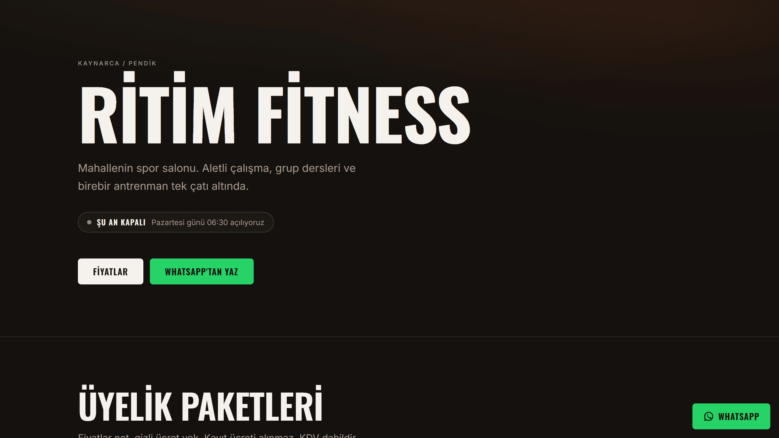 Ritim Fitness ana sayfası: salon adı, açık kapalı durumu ve fiyat butonu