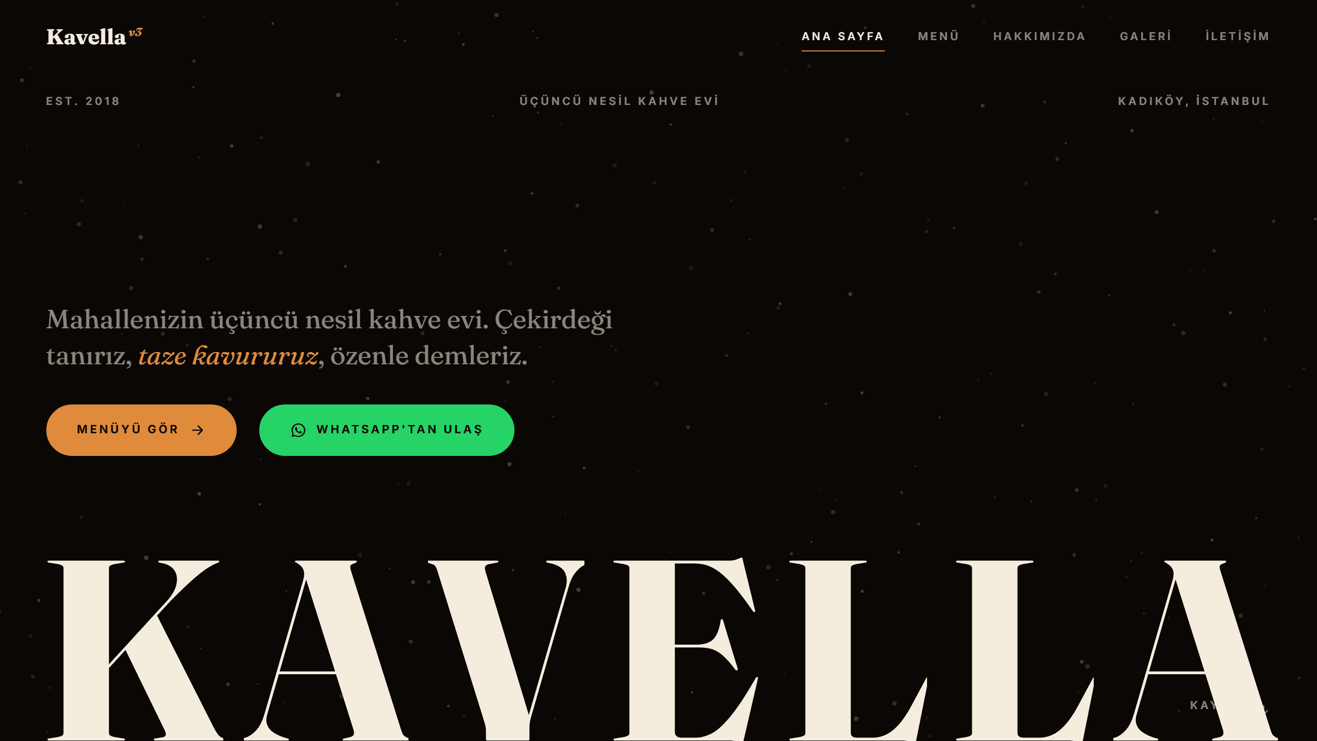Kavella v3 home page: dark ground, particle field and the KAVELLA wordmark across the full width