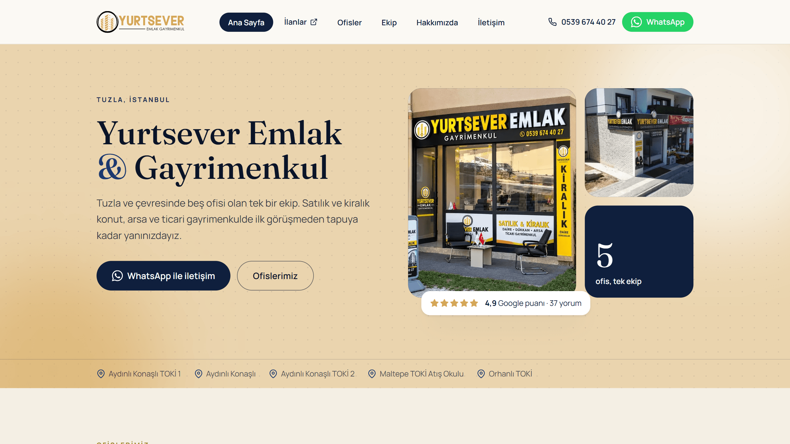 Yurtsever Emlak ana sayfası: firma adı, ofis fotoğrafları ve ofis isimleri